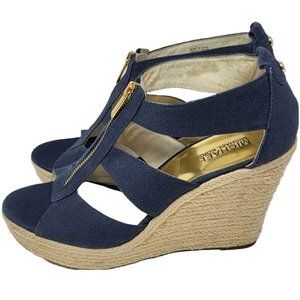 Michael Kors Berkley‎ Sandal Size 9.5 Wedge Platform Espadrille Blue Denim Gold